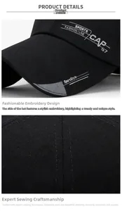 Detail of white embroidery and precise stitching on a black cotton baseball cap