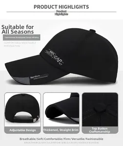 Detail view of adjustable buckle and reinforced long brim on black canvas baseball cap