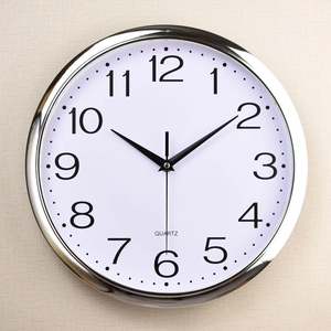 Classic 12-inch silver quartz wall clock with round plastic frame and white dial face