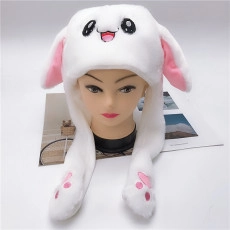 Detail of plush moving ear rabbit hat with pink paw embroidery and soft white faux fur