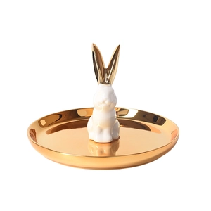 Nordic style white ceramic rabbit jewelry tray with polished golden round base