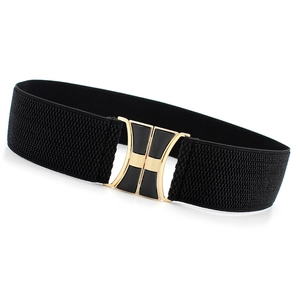 Women's black elastic waist belt with decorative gold and black metal buckle