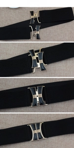 Step-by-step guide showing how to fasten the gold H-shaped buckle on a black elastic belt