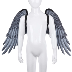 Detailed view of black and grey faux feather wings with elastic straps for boys and girls