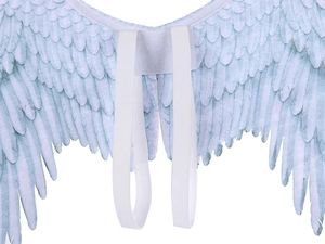 Close-up of white and light blue angel wings with elastic shoulder straps for kids