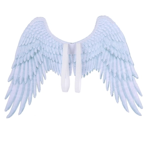 Detail of white angel wings with layered feathers and elastic shoulder straps