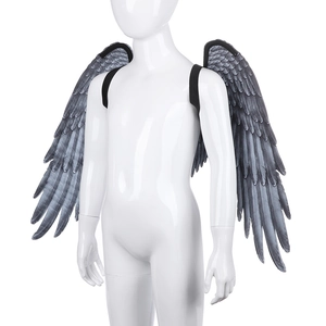 Detail view of layered black feathers on wings with elastic shoulder straps for kids