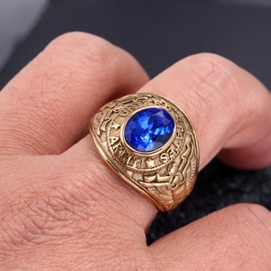 Vintage United States Army ring in gold titanium steel with oval blue gemstone