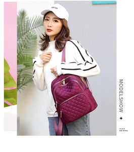 Fashionable purple nylon backpack for women with diamond quilted stitching and gold zippers