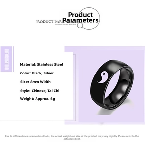 Detail view of 8mm black stainless steel ring featuring Yin Yang Tai Chi symbol engraving