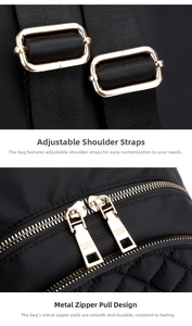 Detail of gold-tone zippers and adjustable buckles on black quilted nylon backpack