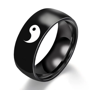 Polished black stainless steel Yin Yang ring with white Tai Chi symbol for couples