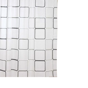 Waterproof PEVA shower curtain with minimalist black and grey geometric square pattern