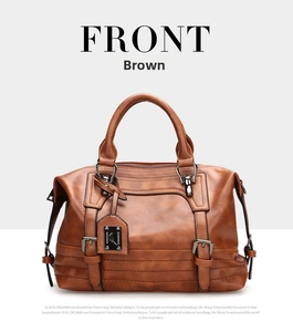 Front view of brown vintage Boston handbag with soft oil wax leather texture and metal buckles