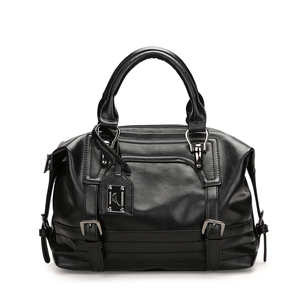 Elegant black faux leather Boston handbag with dual handles and crossbody strap