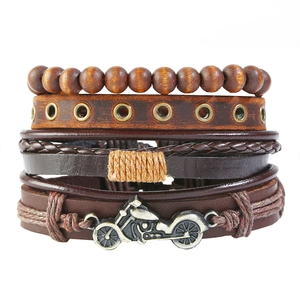 Braided Leather And Wood Bead Bracelets Alloy Motorcycle Charm Retro Punk Multi Layer Jewelry For Men Brown