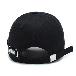 Black canvas baseball cap featuring an adjustable strap with silver buckle and white embroidery