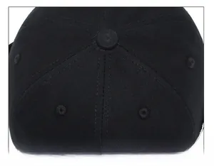 Macro detail of the six-panel stitching and top button on a black cotton baseball cap