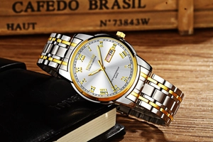 Detail of quartz watch dial showing dual calendar and Roman numerals on white face