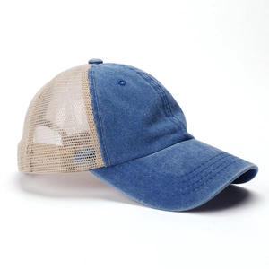 Distressed washed cotton baseball mesh cap in blue denim and beige trucker hat style