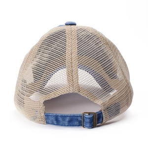 Distressed cotton baseball cap with blue washed denim and beige mesh back view