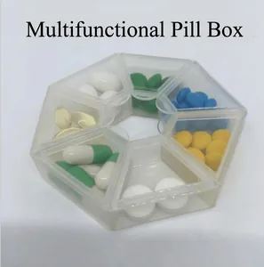 Octagonal 8-compartment clear plastic pill organizer showing various colorful capsules