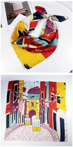 Detail of square silk scarf showing colorful European architecture and geometric patterns