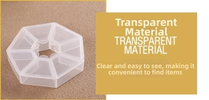 Detailed view of 7-compartment transparent circular storage case with hinged lids