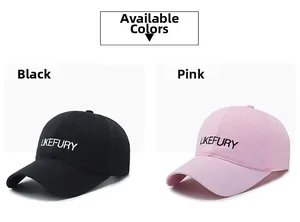 Détail de casquettes de baseball noires et roses avec broderie de lettres UKEFURY blanches