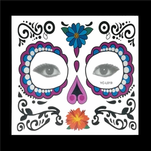 Detailed Day of the Dead face tattoo with floral skull motifs, model YC-L019