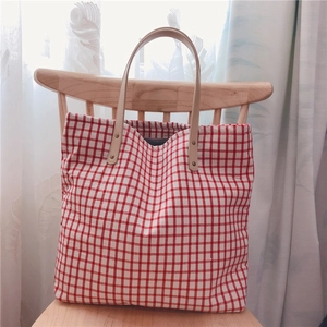 Japanese style red and white checkered cotton tote bag with brown leather handles