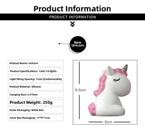 Detailed specs for 1.8m unicorn LED string light with 10 vinyl duck figures