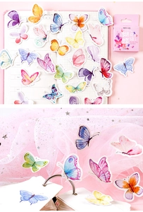 Detailed view of colorful watercolor butterfly stickers on stationery and journals