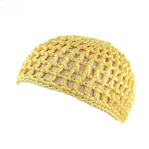 Detail of yellow handmade crochet hair snood featuring a thick mesh knit structure