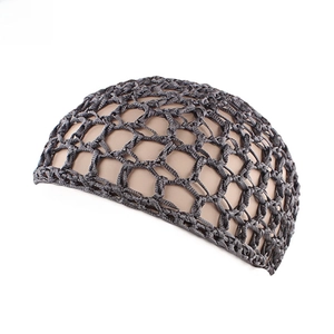 Detailed view of dark grey crochet hair net on mannequin showing large mesh structure