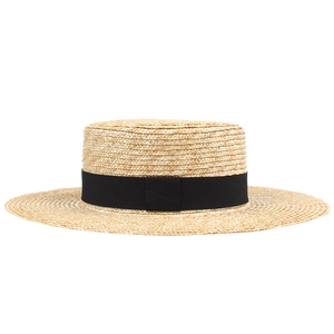 Handmade flat top wheat straw sun hat for women with wide brim and black ribbon band