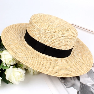 Flat top natural wheat straw boater hat with black ribbon, elegant vacation style