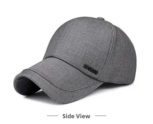 Side view of grey baseball cap with SPORTS logo and detailed fabric texture