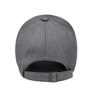 Rear view of dark grey cotton baseball cap with adjustable metal buckle strap