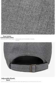 Detail view of grey cotton baseball cap fabric texture and adjustable metal buckle
