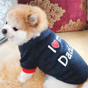 Detail of navy dog hoodie with 'I ❤️ Daddy' print and red cuffs on a Pomeranian