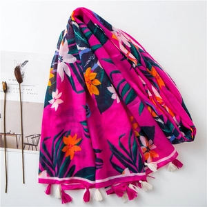 Magenta cotton linen floral scarf with tropical leaves and handmade tassels