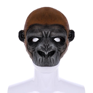 Macro shot of realistic brown faux fur and black wrinkled skin on gorilla mask
