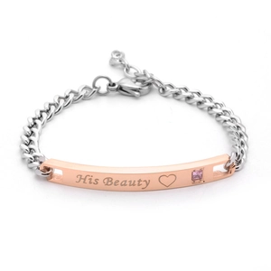 Detail of His Beauty engraved rose gold plaque on stainless steel Cuban bracelet