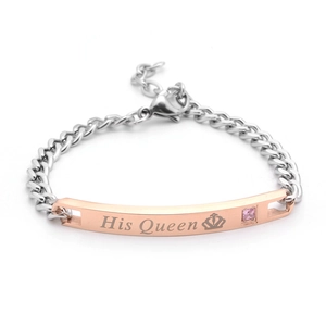 Detail of His Queen engraved rose gold plaque with pink zircon on silver steel bracelet