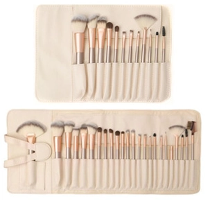 Makeup brush sets with 12 and 24 pieces in beige PU leather roll-up pouches