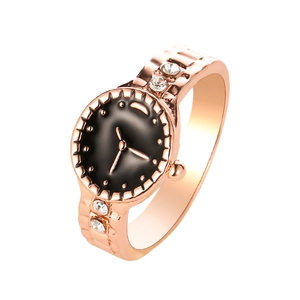 Fashion Creative Watch Shape Alloy Ring With Black Dial And Rhinestone Accents Rose Gold Silver Finger Ring Jewelry For Women