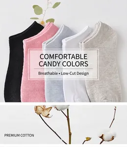 Close-up of five pairs of breathable cotton low cut socks in various pastel candy colors
