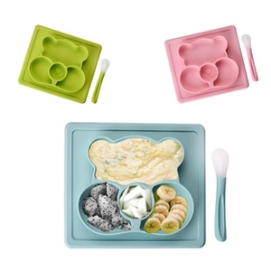 Three silicone baby suction bowls and spoons set in green, pink, and light blue colors