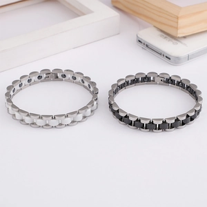 Men's titanium steel magnetic therapy bracelets in silver with black and white ceramic inserts